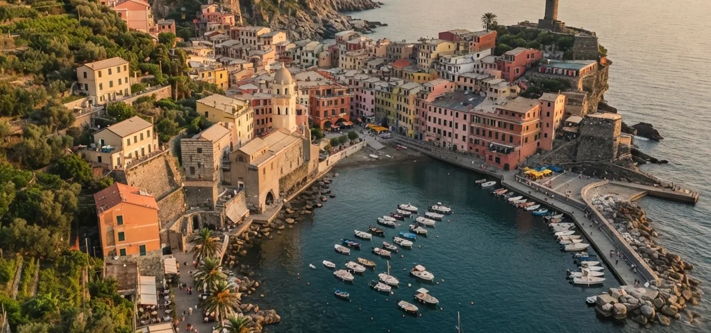Veduta della costa ligure con il centro abitato, il porto turistico e le colline alle spalle.
