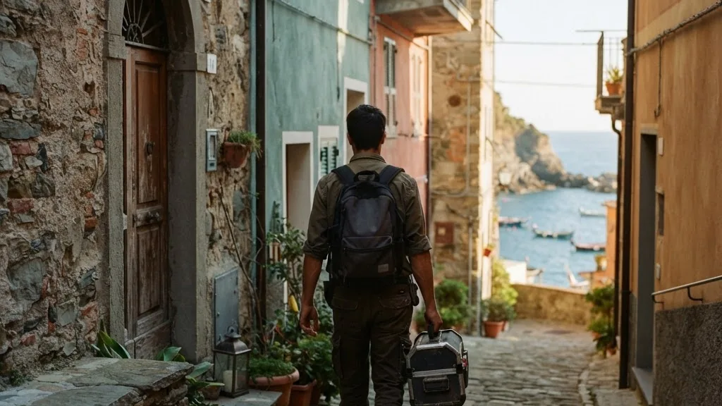 Tecnico con una valigetta di attrezzi che si avvicina all'ingresso di una casa sulla costa ligure.