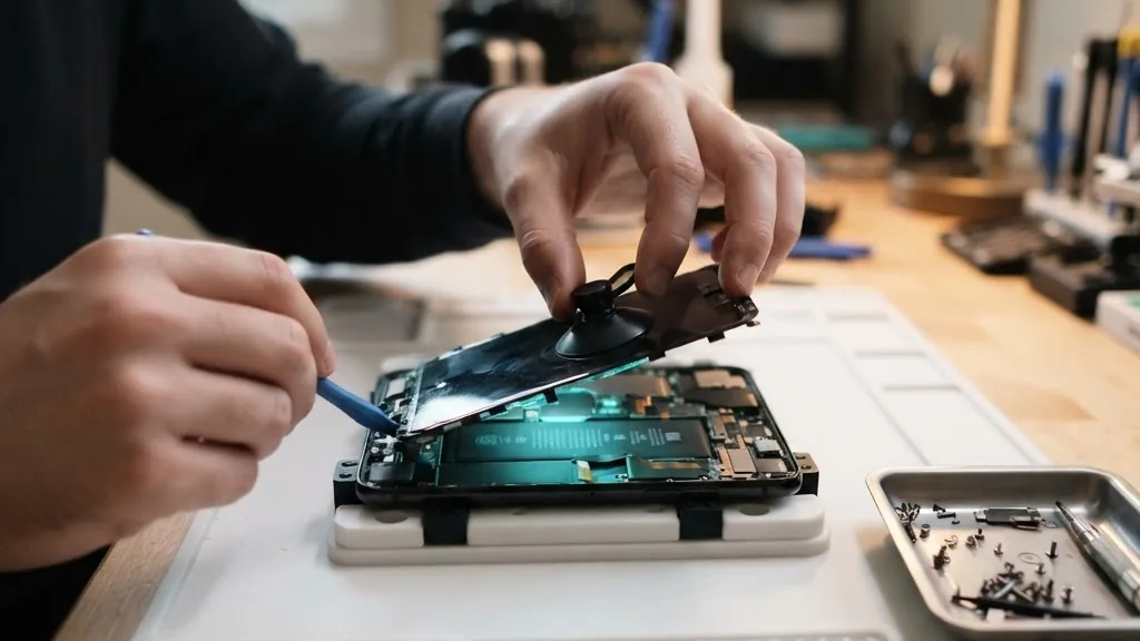 Mani che sollevano il display di uno smartphone dal telaio con una ventosa e un attrezzo di precisione.