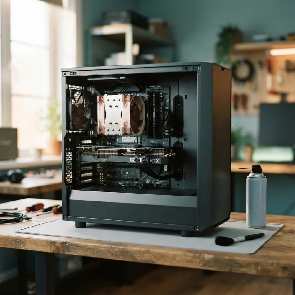 Interno di un computer desktop aperto, con scheda video e dissipatore in vista.